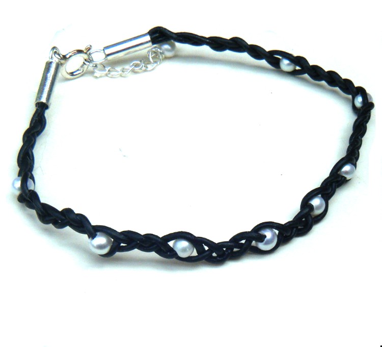 White Pearls on Plaited Leather